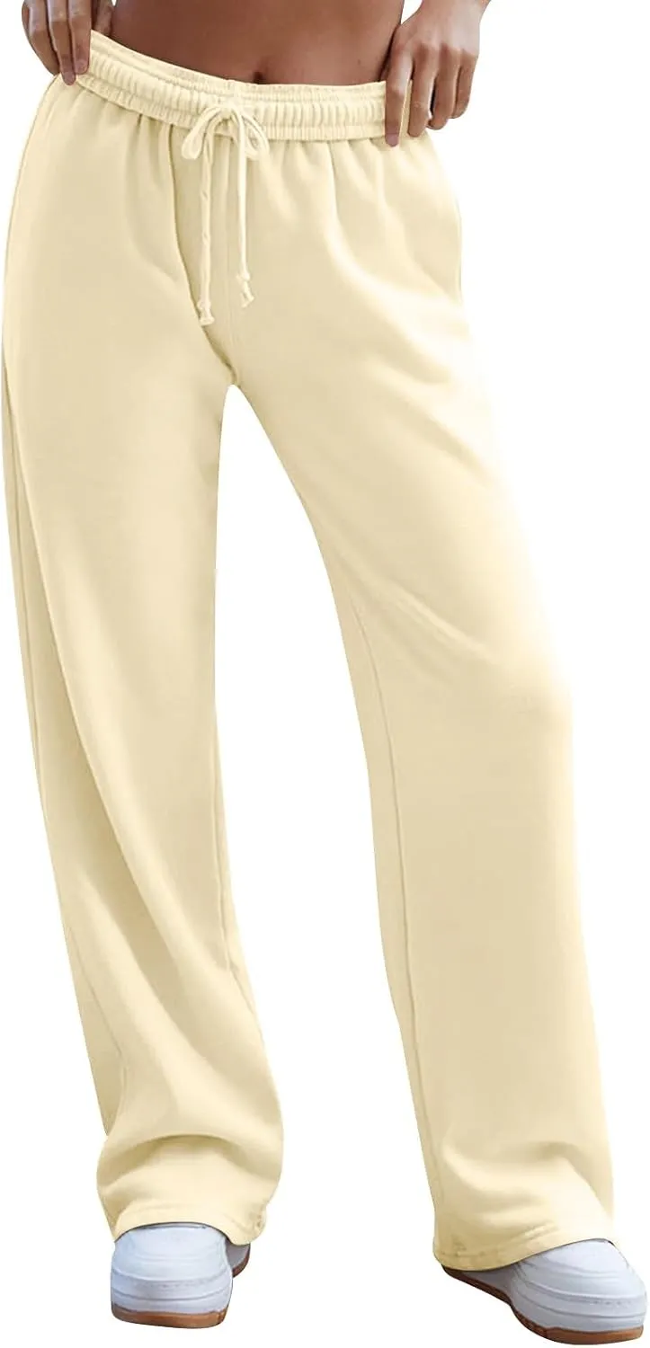 Gumipy Women Wide Leg Sweatpants Interior Drawstring High Waisted Baggy Joggers Trendy Lounge Pants Trousers with Pockets