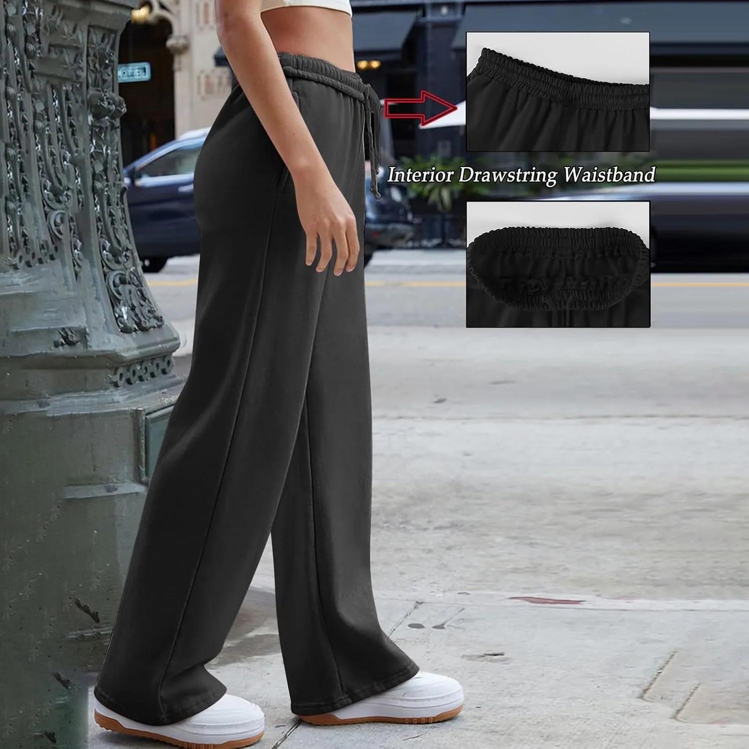 Gumipy Women Wide Leg Sweatpants Interior Drawstring High Waisted Baggy Joggers Trendy Lounge Pants Trousers with Pockets