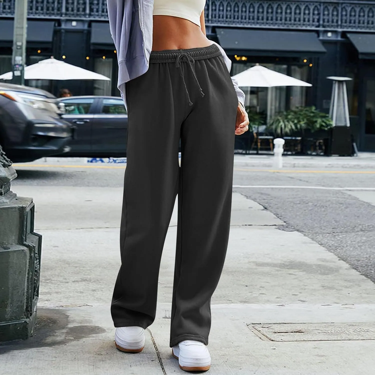 Gumipy Women Wide Leg Sweatpants Interior Drawstring High Waisted Baggy Joggers Trendy Lounge Pants Trousers with Pockets