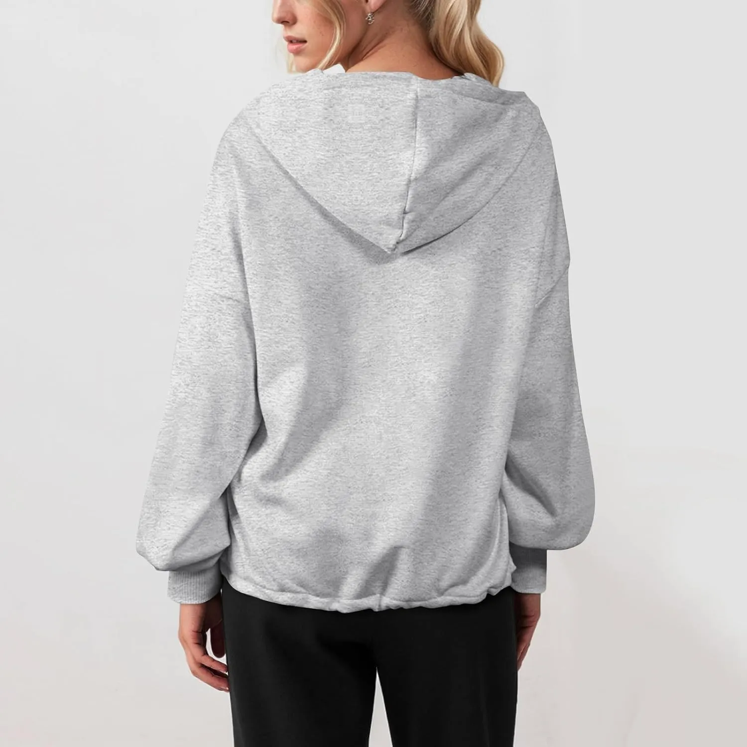 Half Zip Pullover Women Oversized Drawstring Hem Drop Shoulder Cropped Sweatshirt Loose Low Cut Long Sleeve Shirt