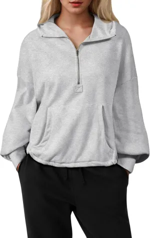 Half Zip Pullover Women Oversized Drawstring Hem Drop Shoulder Cropped Sweatshirt Loose Low Cut Long Sleeve Shirt