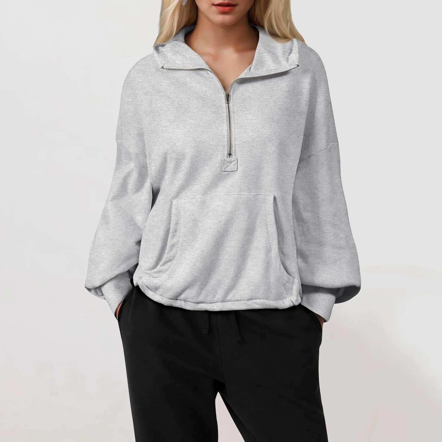 Half Zip Pullover Women Oversized Drawstring Hem Drop Shoulder Cropped Sweatshirt Loose Low Cut Long Sleeve Shirt