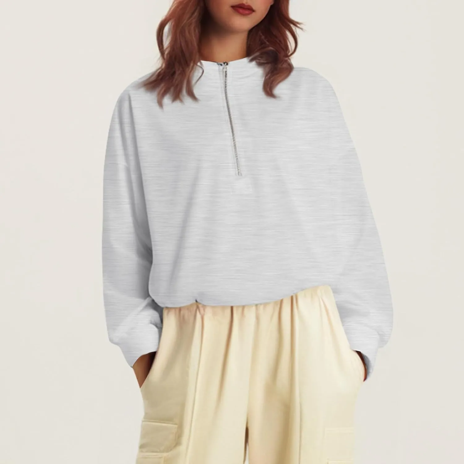 Half Zip Pullover Women Oversized Drawstring Hem Drop Shoulder Cropped Sweatshirt Loose Low Cut Long Sleeve Shirt