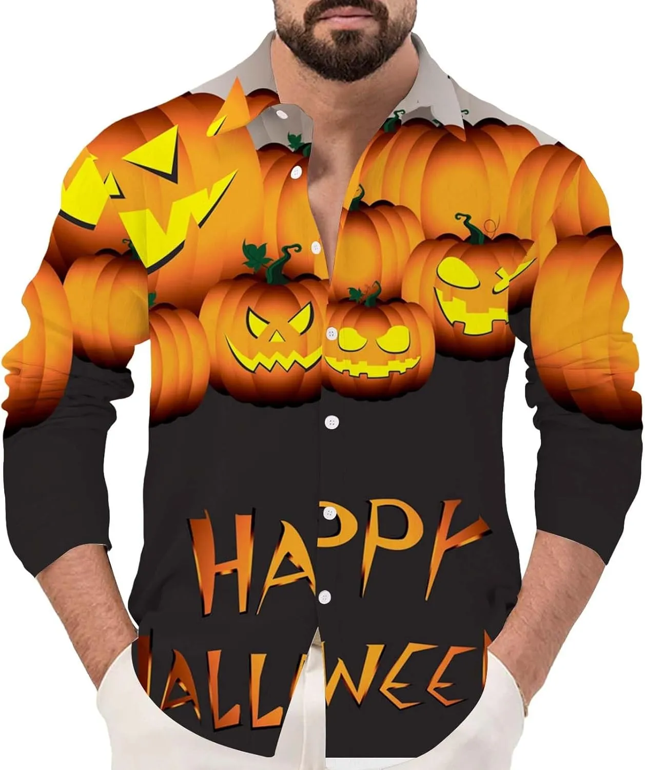 Halloween Button Down Shirt for Men Happy Halloween Shirts Pumpkins Printed Casual Long Sleeve Hawaiian Party Shirts