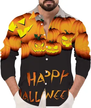 Halloween Button Down Shirt for Men Happy Halloween Shirts Pumpkins Printed Casual Long Sleeve Hawaiian Party Shirts