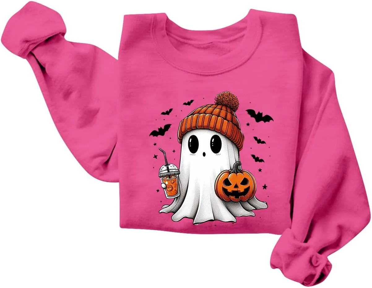 Halloween Sweatshirts for Women Ghost Oversized Crewneck Sweatshirt Cute Pumpkin Graphic Hoodies Fleece Pullover