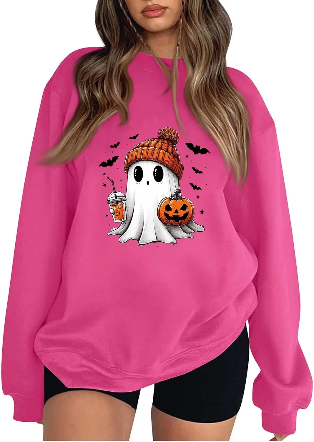 Halloween Sweatshirts for Women Ghost Oversized Crewneck Sweatshirt Cute Pumpkin Graphic Hoodies Fleece Pullover