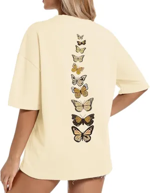 Hetdevi Oversized Graphic Tees for Women Vintage Butterfly Tshirts Cotton Loose Fit Aesthetic Shirts Boho Baggy Workout Shirt