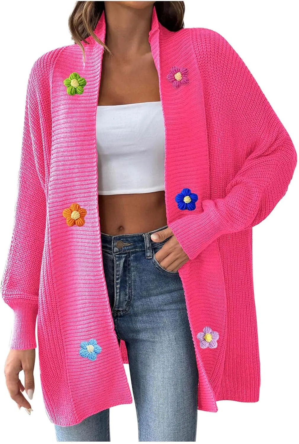 HGps8w Cardigans for Women Flowers Open Front Long Sleeve Cardigan Oversized Chunky Knit Outerwear Jackets