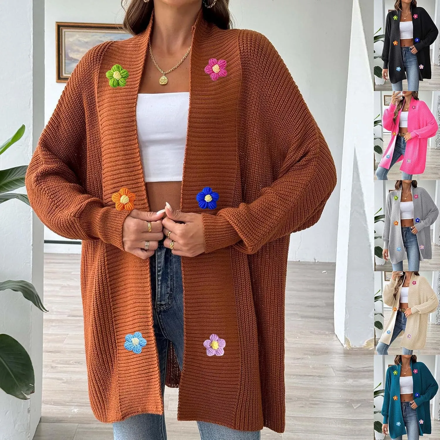 HGps8w Cardigans for Women Flowers Open Front Long Sleeve Cardigan Oversized Chunky Knit Outerwear Jackets