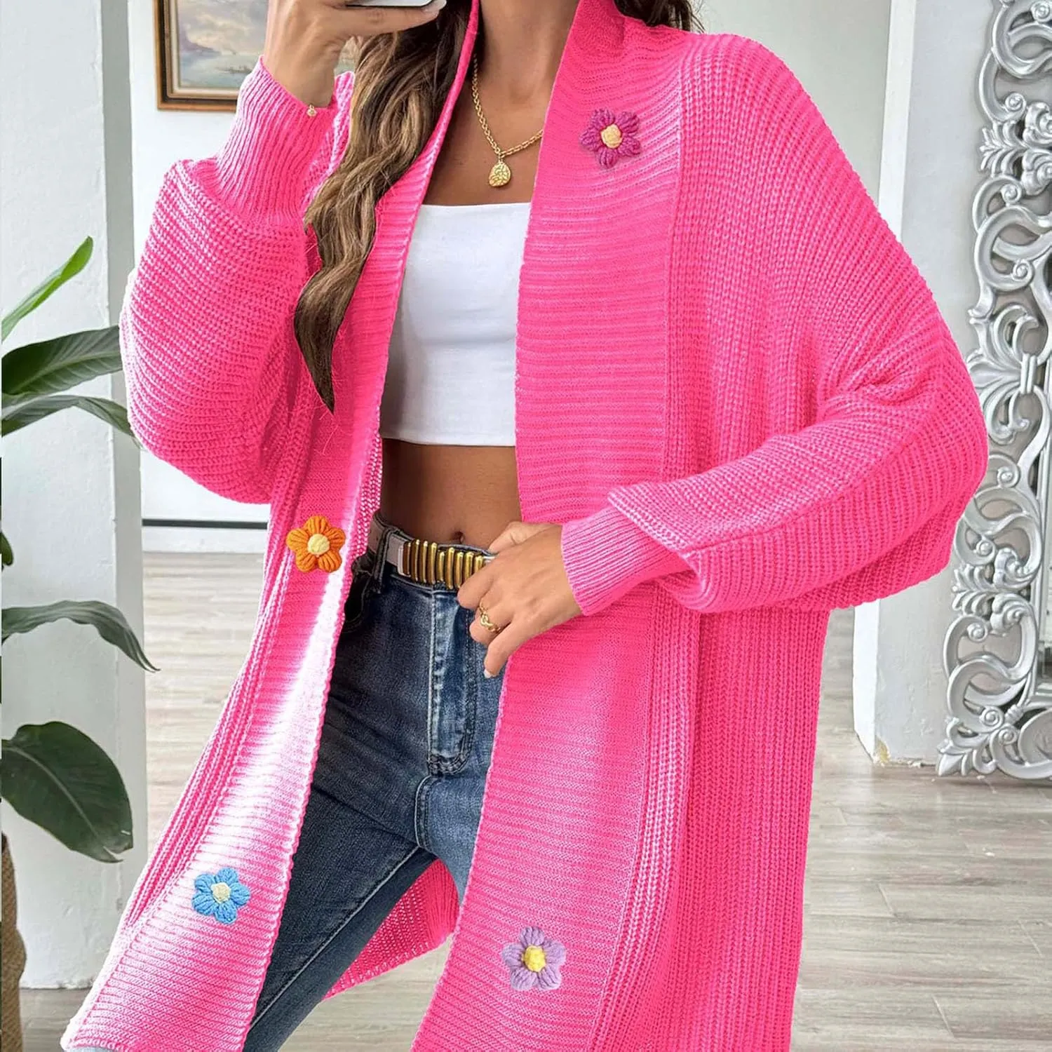 HGps8w Cardigans for Women Flowers Open Front Long Sleeve Cardigan Oversized Chunky Knit Outerwear Jackets