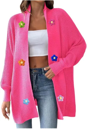 HGps8w Cardigans for Women Flowers Open Front Long Sleeve Cardigan Oversized Chunky Knit Outerwear Jackets