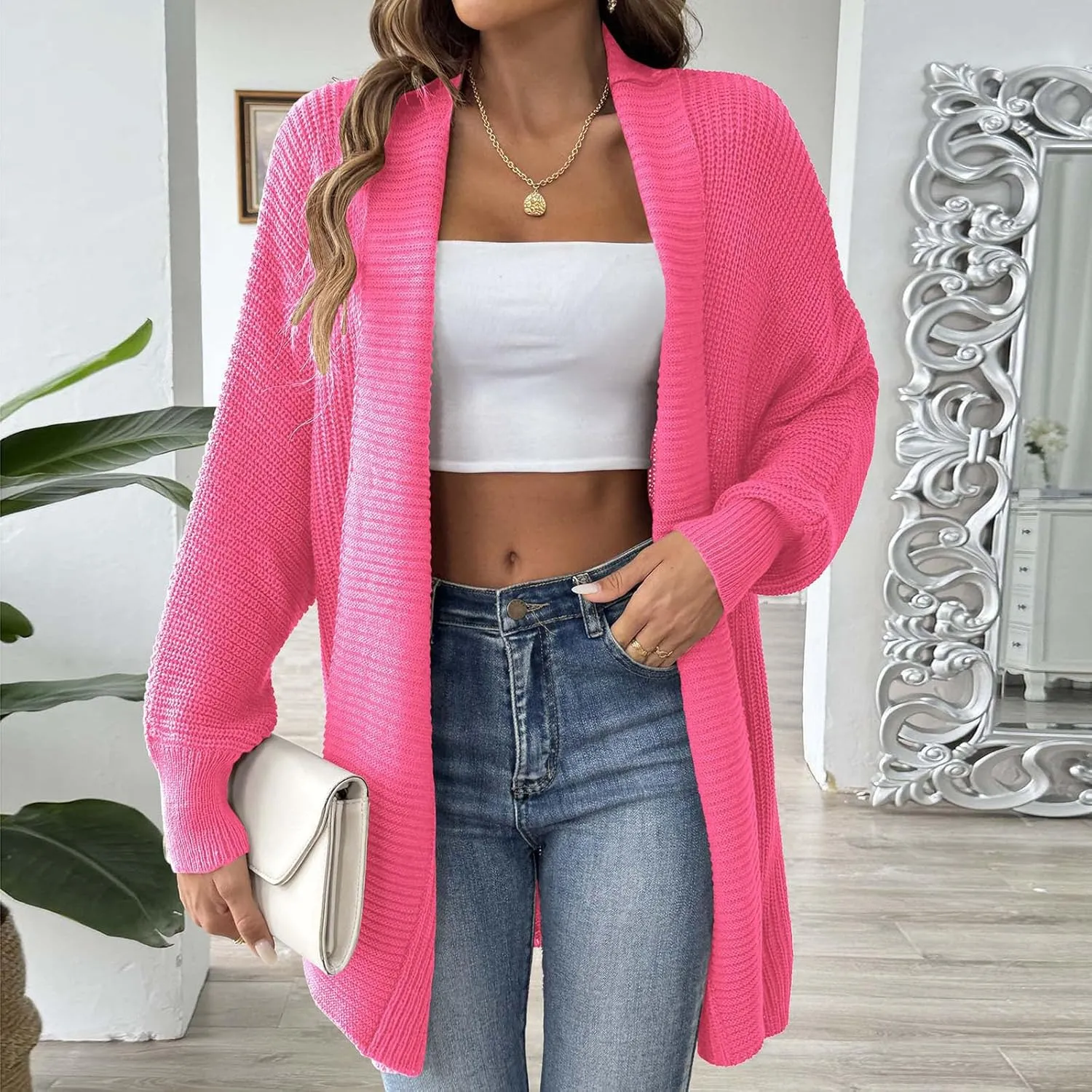 HGps8w Cardigans for Women Flowers Open Front Long Sleeve Cardigan Oversized Chunky Knit Outerwear Jackets