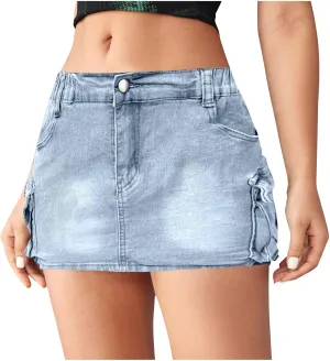 High Stretchy Cargo Skirt for Women Low Waist High Waisted Y2k Mini Jean Skirts Cute Denim Skirt with Pockets