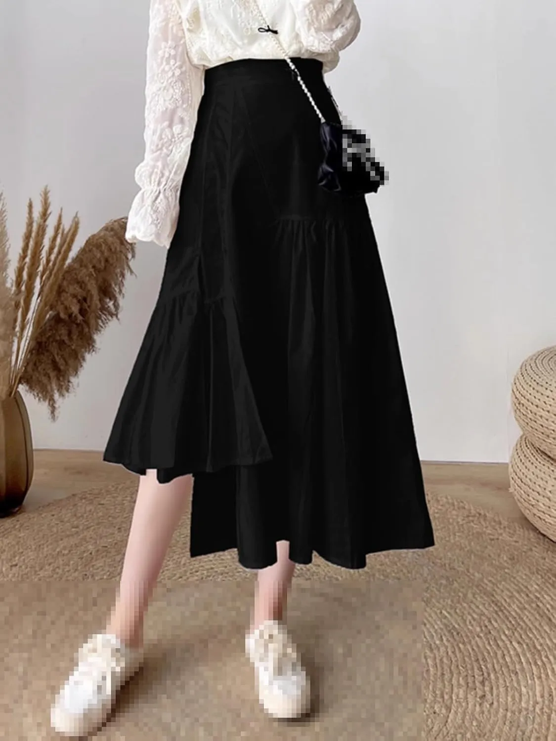 High-Waist mid-Length Skirt for Women,Spring,Elastic Waist Flared A-line Skirt
