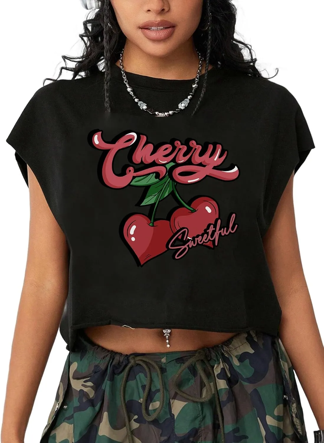 Hilinker Women's Graphic Cap Sleeve Crop Tops Cute Summer Loose Fit Crew Neck T Shirts