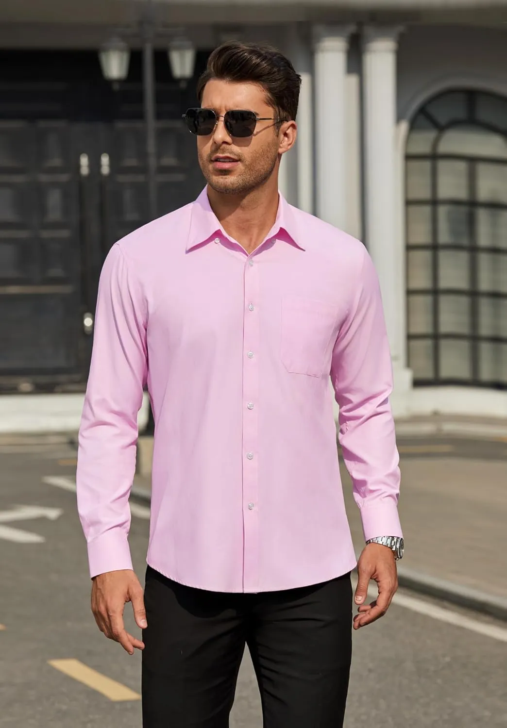 HISDERN Mens Stripe Dress Shirts Long Sleeve Button Down Shirt Formal Wrinkle Free Dress Shirts Business Cotton Shirt