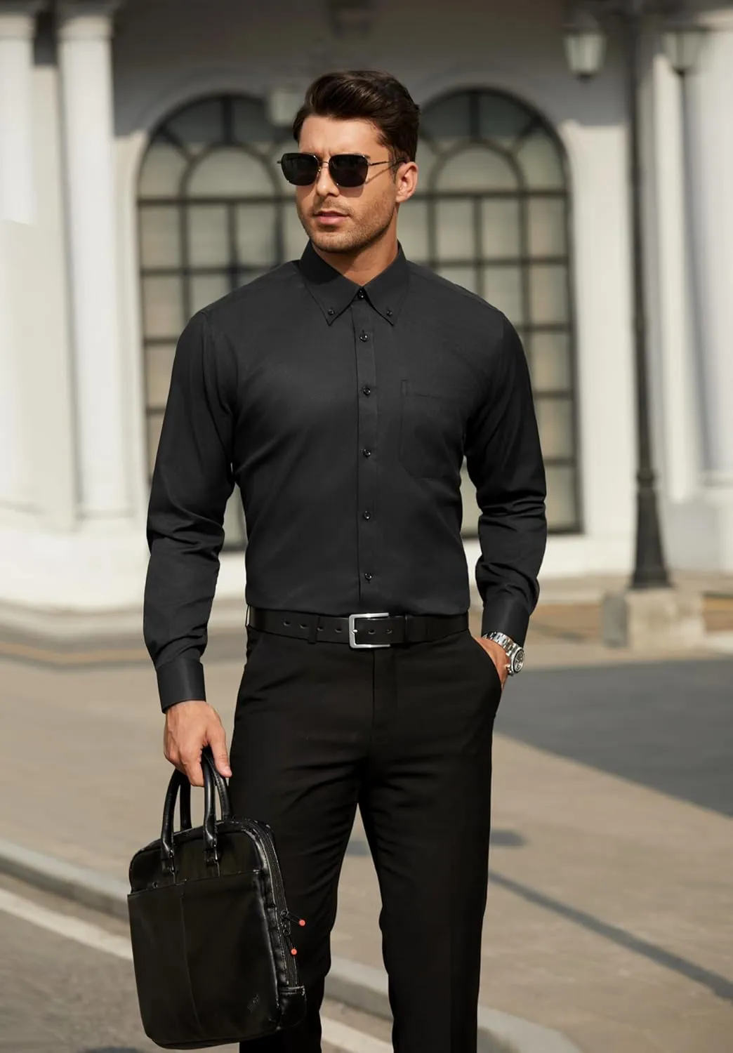 HISDERN Mens Stripe Dress Shirts Long Sleeve Button Down Shirt Formal Wrinkle Free Dress Shirts Business Cotton Shirt