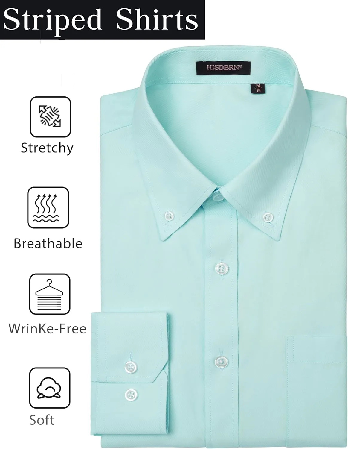 HISDERN Mens Stripe Dress Shirts Long Sleeve Button Down Shirt Formal Wrinkle Free Dress Shirts Business Cotton Shirt