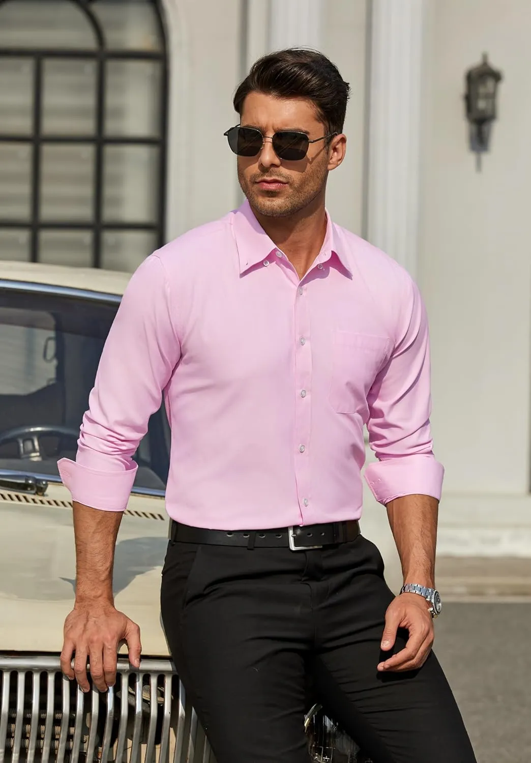 HISDERN Mens Stripe Dress Shirts Long Sleeve Button Down Shirt Formal Wrinkle Free Dress Shirts Business Cotton Shirt