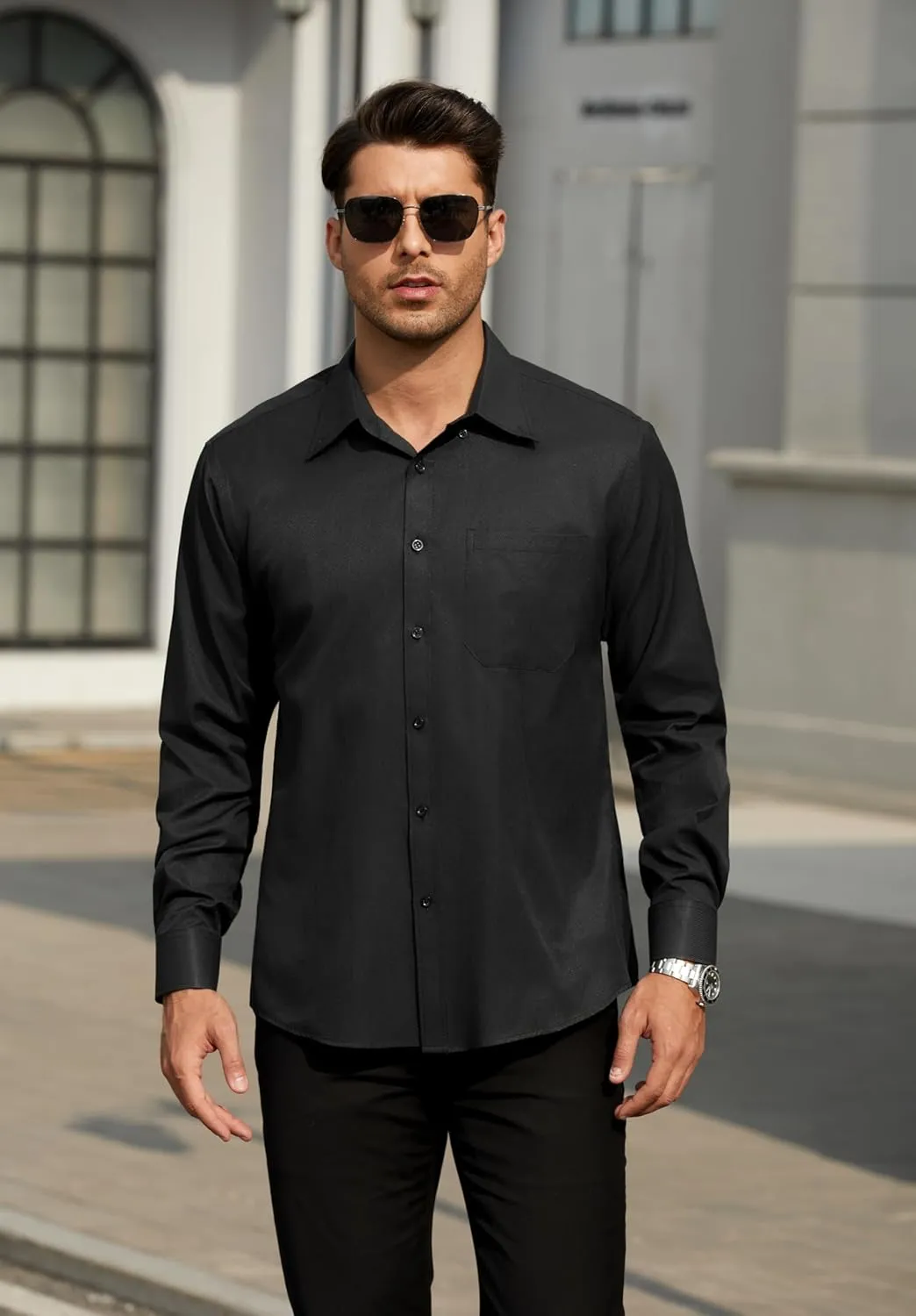 HISDERN Mens Stripe Dress Shirts Long Sleeve Button Down Shirt Formal Wrinkle Free Dress Shirts Business Cotton Shirt