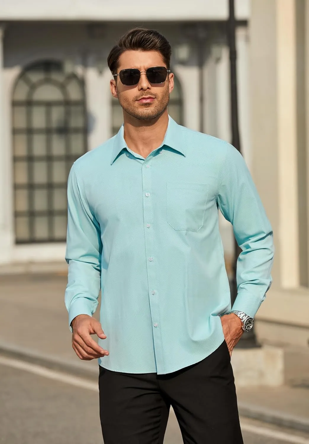 HISDERN Mens Stripe Dress Shirts Long Sleeve Button Down Shirt Formal Wrinkle Free Dress Shirts Business Cotton Shirt