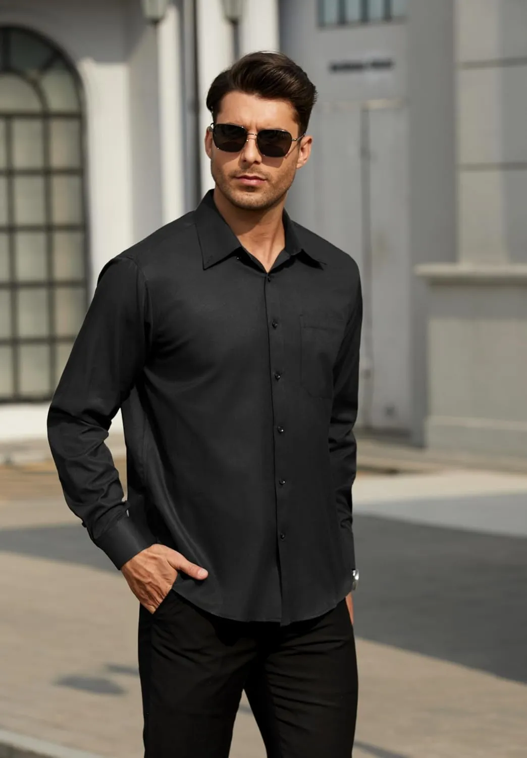 HISDERN Mens Stripe Dress Shirts Long Sleeve Button Down Shirt Formal Wrinkle Free Dress Shirts Business Cotton Shirt