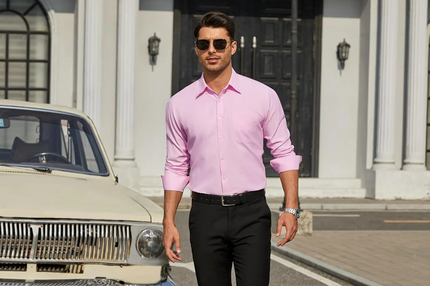 HISDERN Mens Stripe Dress Shirts Long Sleeve Button Down Shirt Formal Wrinkle Free Dress Shirts Business Cotton Shirt