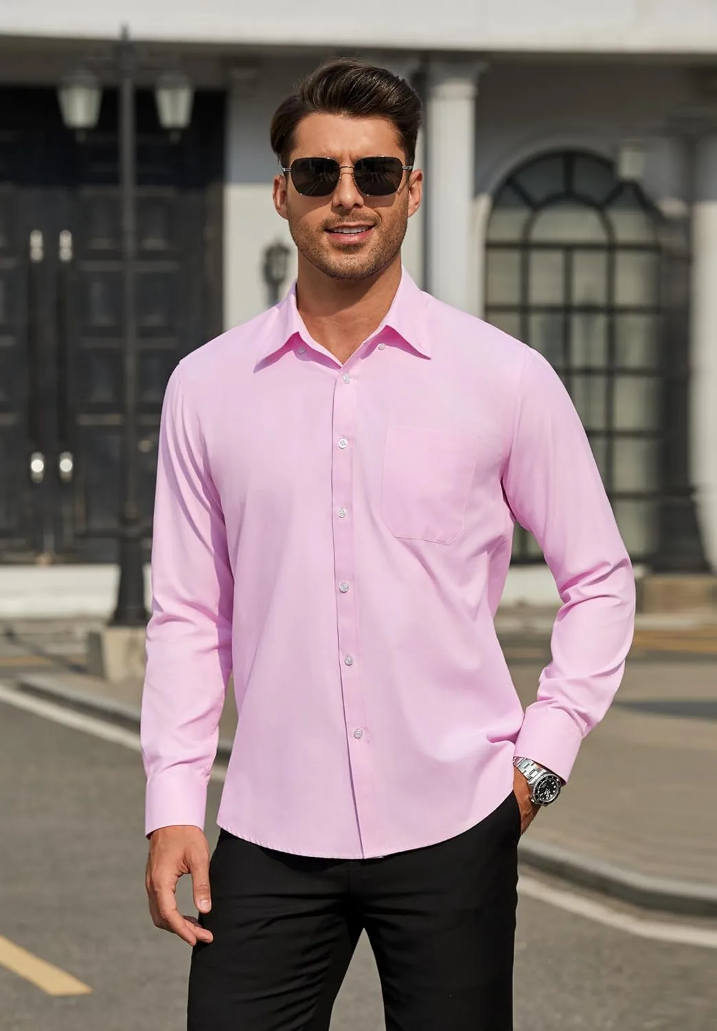 HISDERN Mens Stripe Dress Shirts Long Sleeve Button Down Shirt Formal Wrinkle Free Dress Shirts Business Cotton Shirt