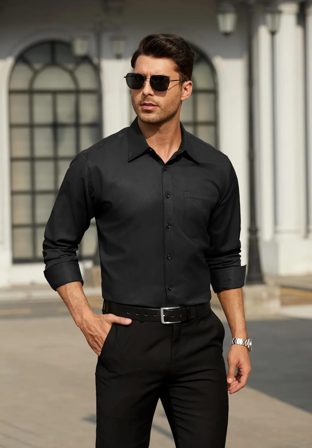 HISDERN Mens Stripe Dress Shirts Long Sleeve Button Down Shirt Formal Wrinkle Free Dress Shirts Business Cotton Shirt