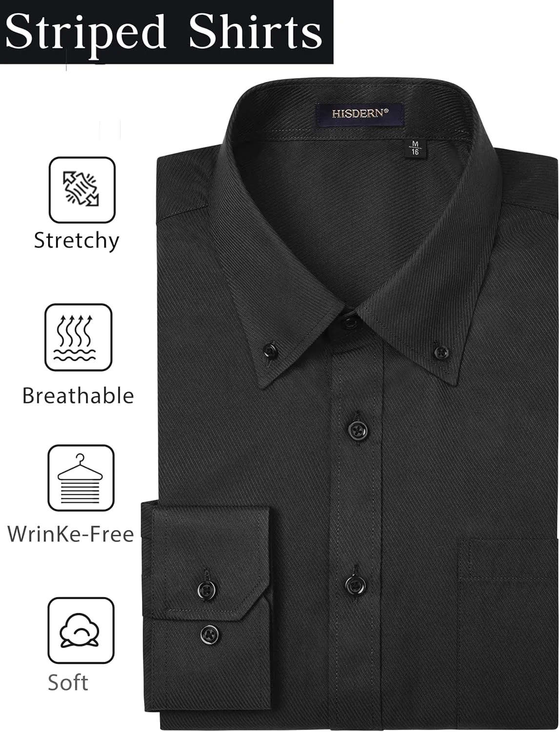 HISDERN Mens Stripe Dress Shirts Long Sleeve Button Down Shirt Formal Wrinkle Free Dress Shirts Business Cotton Shirt
