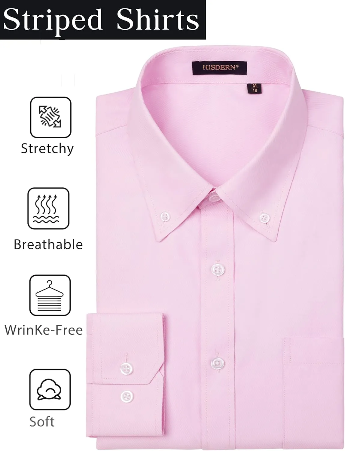 HISDERN Mens Stripe Dress Shirts Long Sleeve Button Down Shirt Formal Wrinkle Free Dress Shirts Business Cotton Shirt