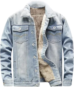 hlysgo Men's Denim Jacket Lapel Sherpa Fleece Lined Thicken Denim Jean Trucker Jacket Coats Slim Casual Jean Jacket Unisex