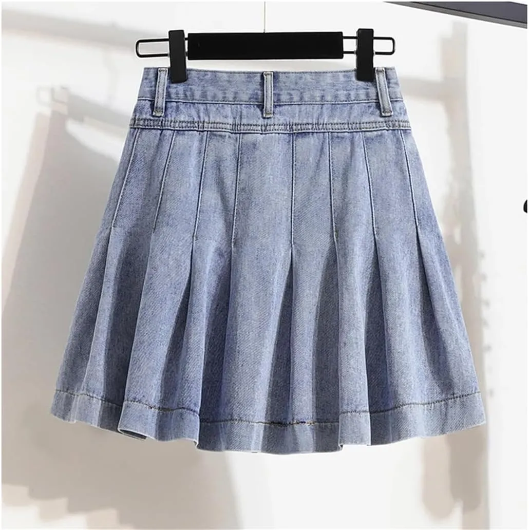 Hndudnff High Waist Mini Pleated Skirt Women Denim A-Line Casual Skirts with Pocket Skirts