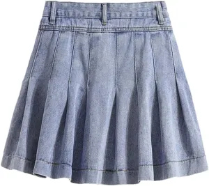 Hndudnff High Waist Mini Pleated Skirt Women Denim A-Line Casual Skirts with Pocket Skirts