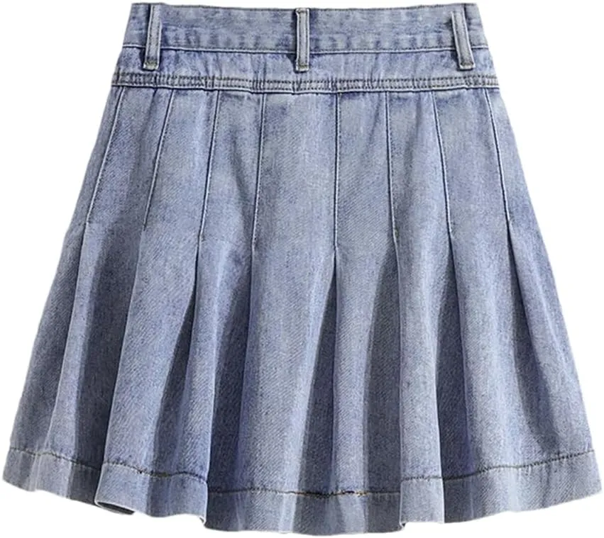 Hndudnff High Waist Mini Pleated Skirt Women Denim A-Line Casual Skirts with Pocket Skirts