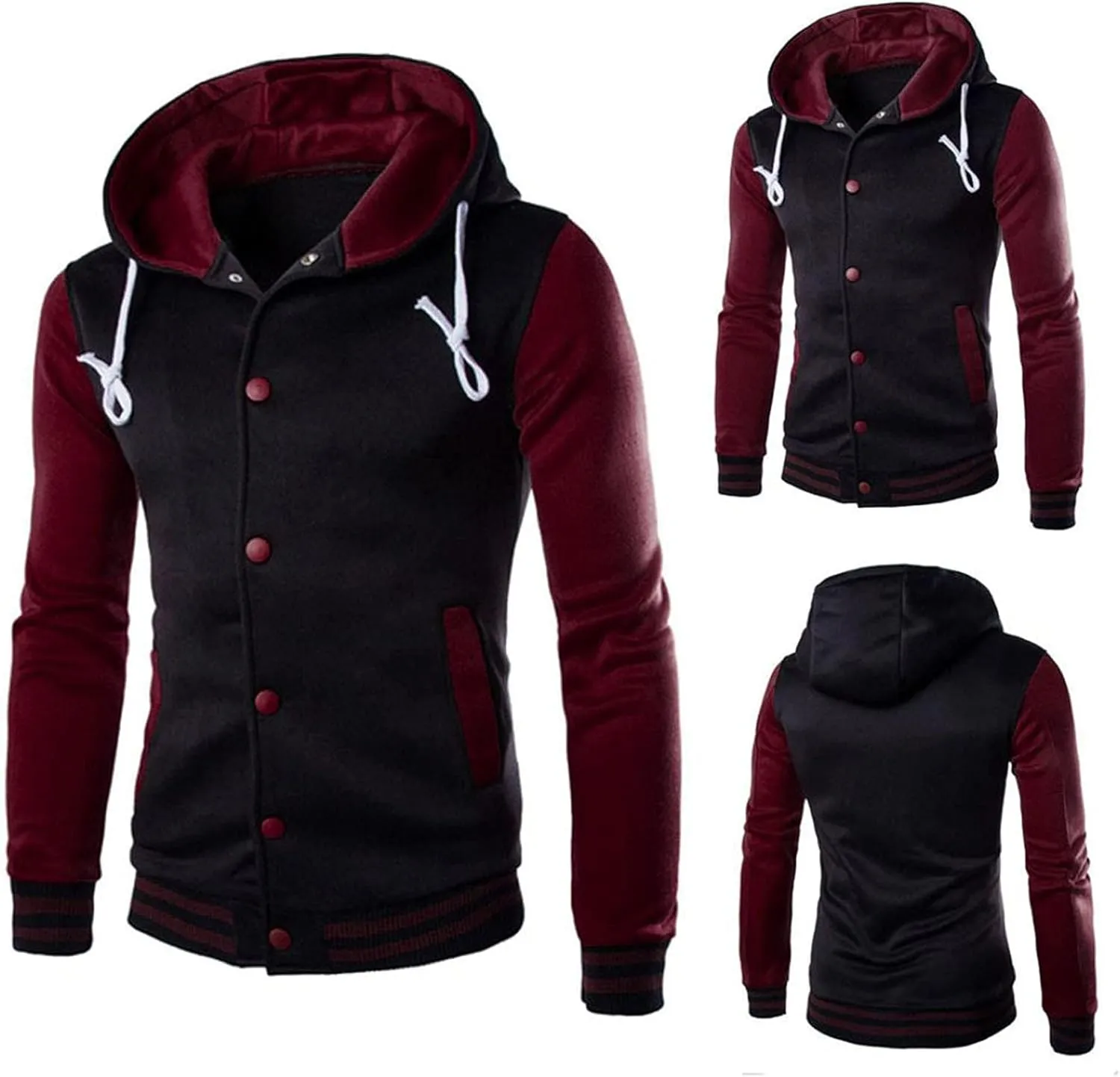 Hooded Varsity Jacket Men,Contrast Color Patchwork Baseball Jacket Button Slim Casual Sports Sweatshirts with Pocket