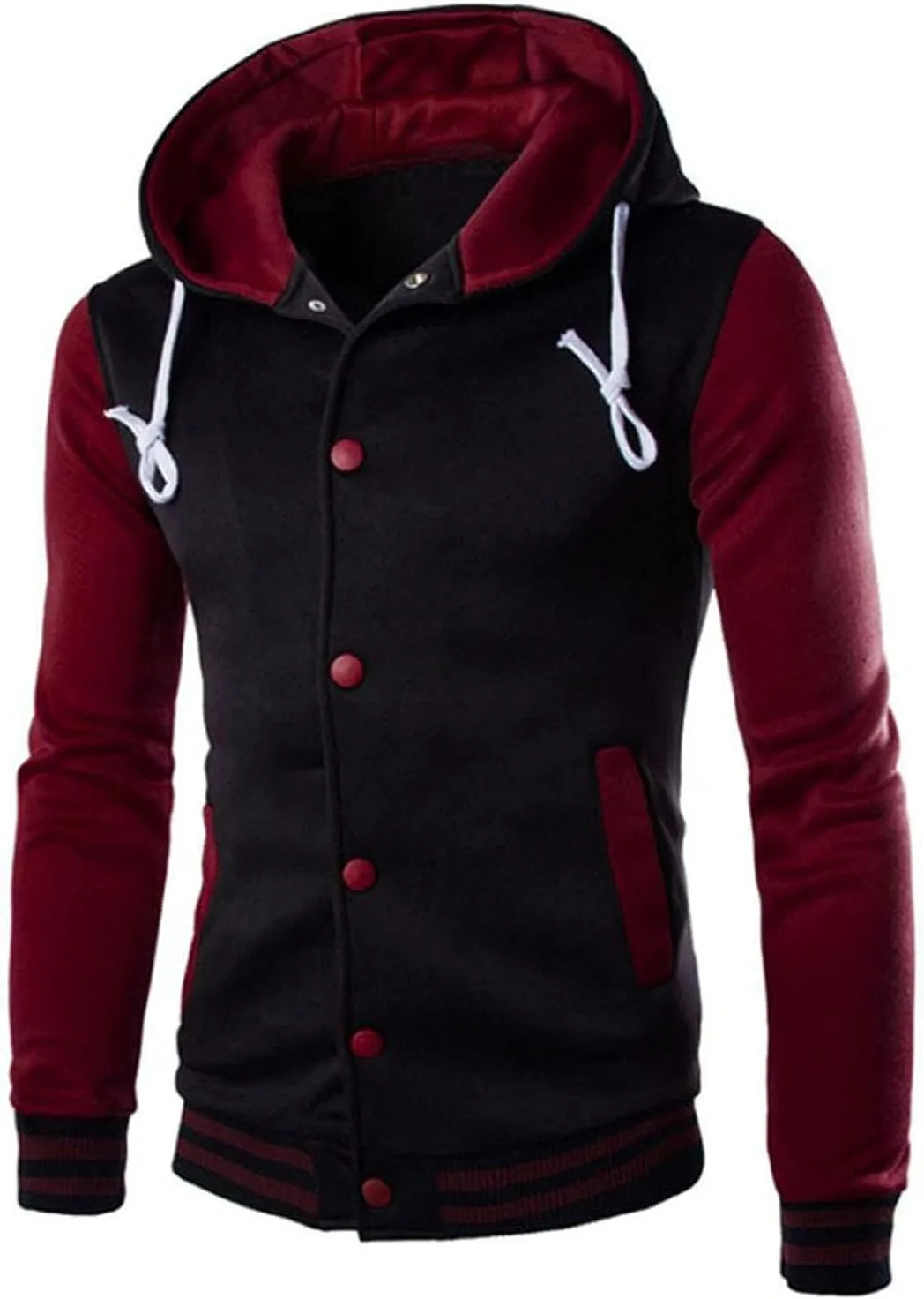 Hooded Varsity Jacket Men,Contrast Color Patchwork Baseball Jacket Button Slim Casual Sports Sweatshirts with Pocket