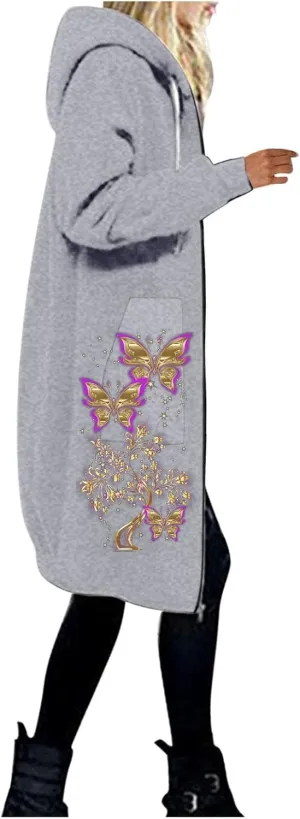 Hoodies for Women Fashion Print Hooded Jackets Sweatshirt Basic Zip up Jersey Jacket Long Sleeve Top with Pockets