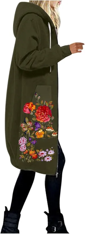 Hoodies for Women Fashion Print Hooded Jackets Sweatshirt Basic Zip up Jersey Jacket Long Sleeve Top with Pockets