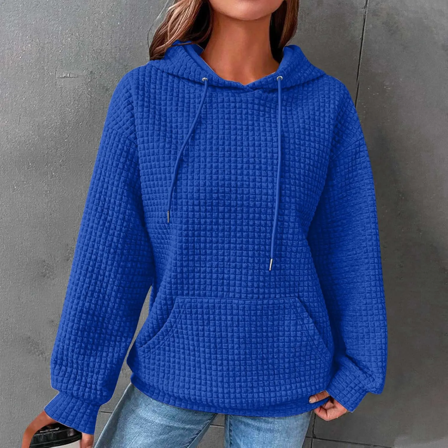 Hoodies for Women Trendy Waffle Knit Drawstring Pullover Loose Fit Casual Cute Sweatshirts Fall Fashion 2024