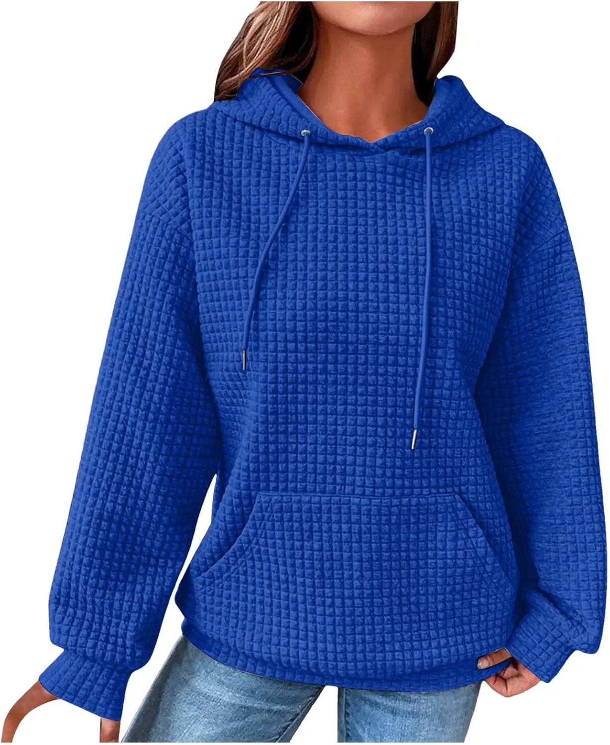 Hoodies for Women Trendy Waffle Knit Drawstring Pullover Loose Fit Casual Cute Sweatshirts Fall Fashion 2024