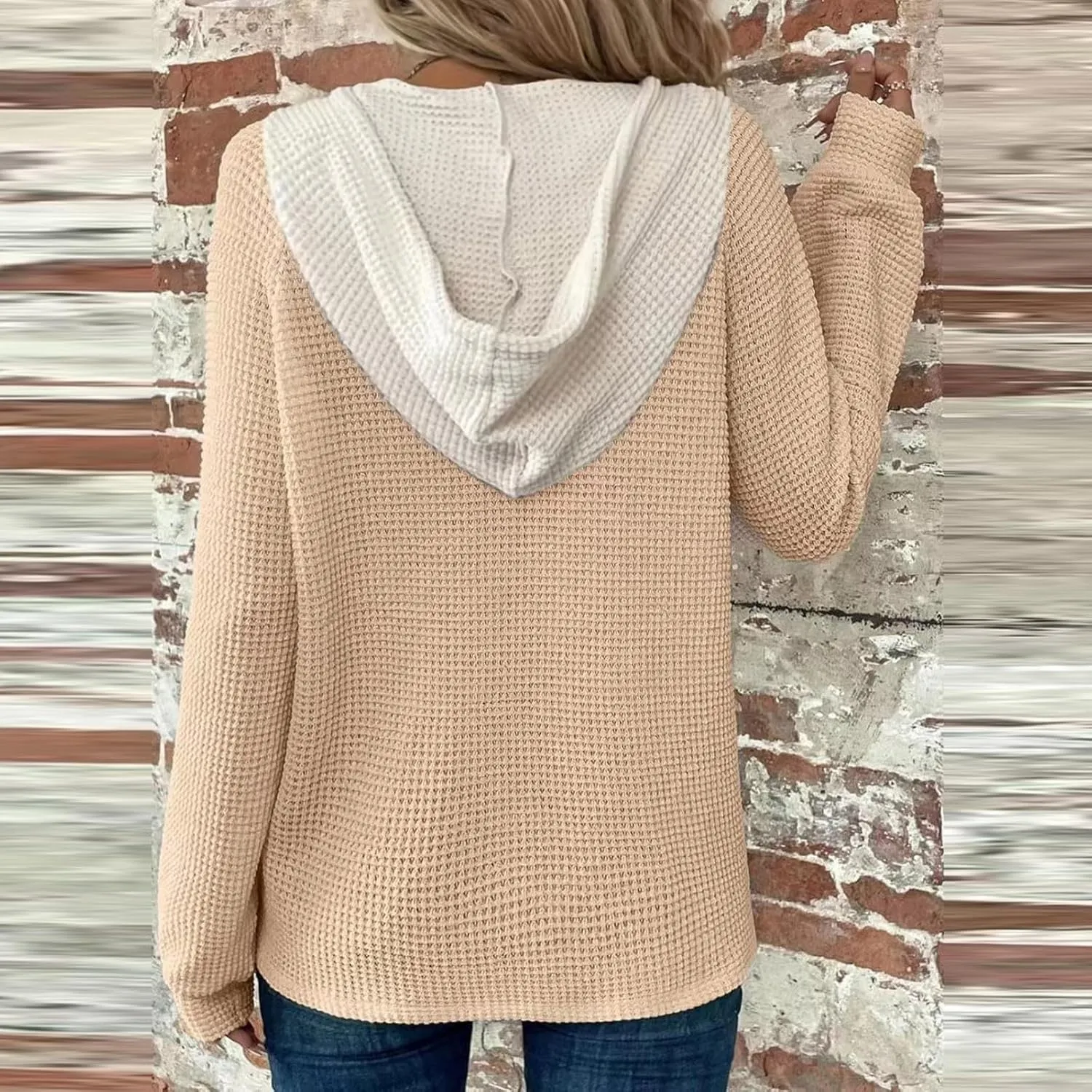 Hoodies for Women Waffle Knit Tops Long Sleeve Drawstring Button V Neck Sweatshirt 2025 Pullover Hooded Sweatshirt