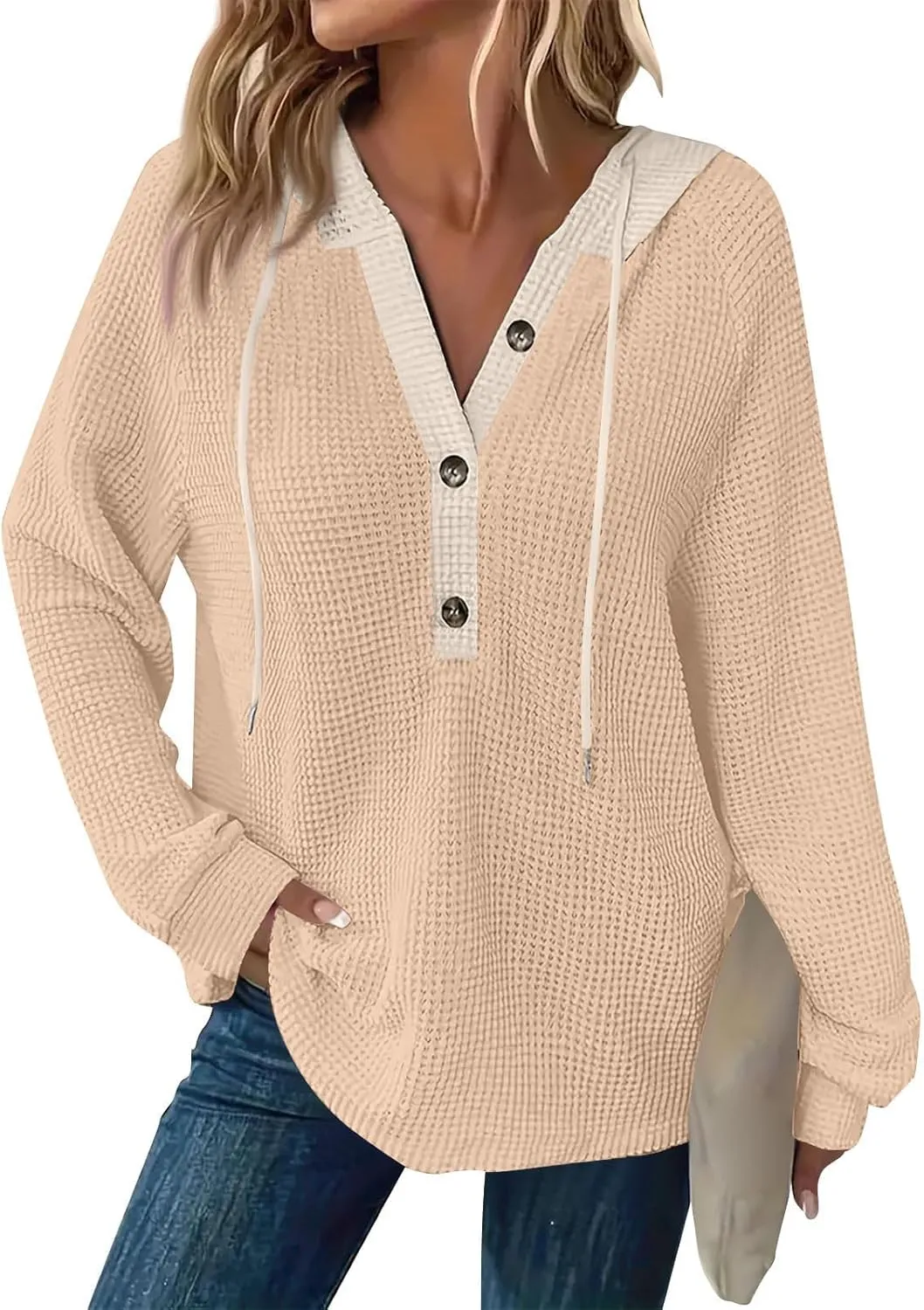 Hoodies for Women Waffle Knit Tops Long Sleeve Drawstring Button V Neck Sweatshirt 2025 Pullover Hooded Sweatshirt