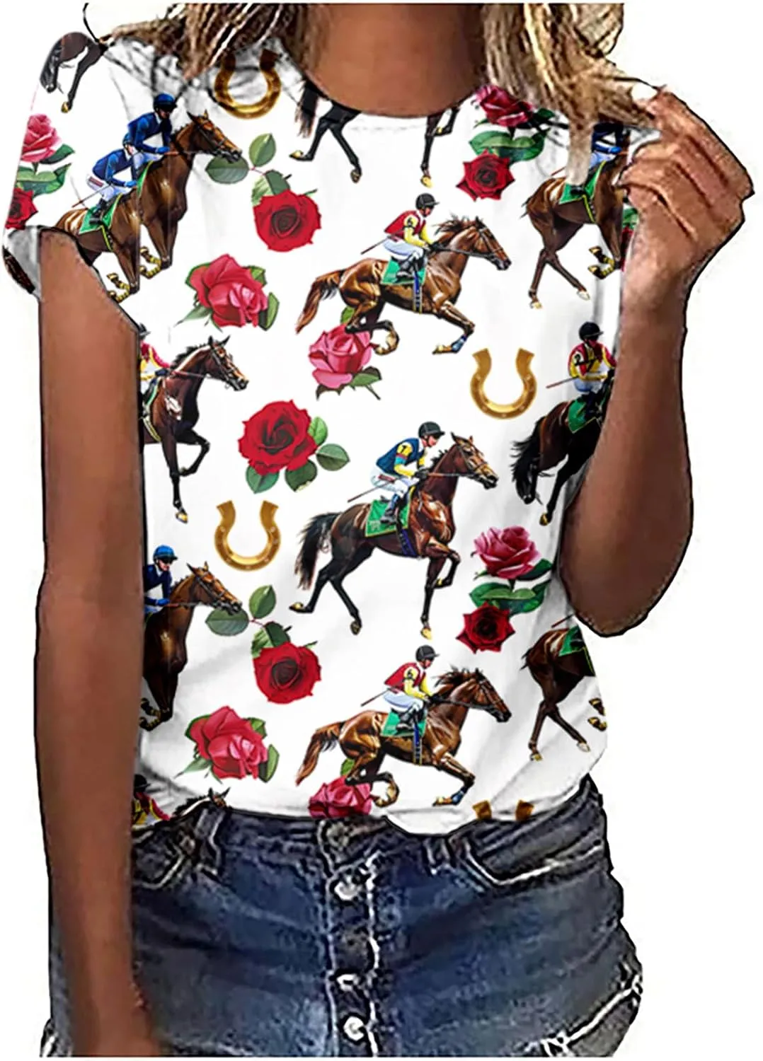 Horse Racing Shirts for Women Summer Casual Short Sleeve Tops Funny Graphic Tees Crewneck Loose Fit Tunic Blouses