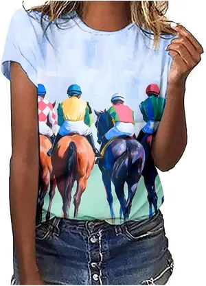 Horse Racing Shirts for Women Summer Casual Short Sleeve Tops Funny Graphic Tees Crewneck Loose Fit Tunic Blouses