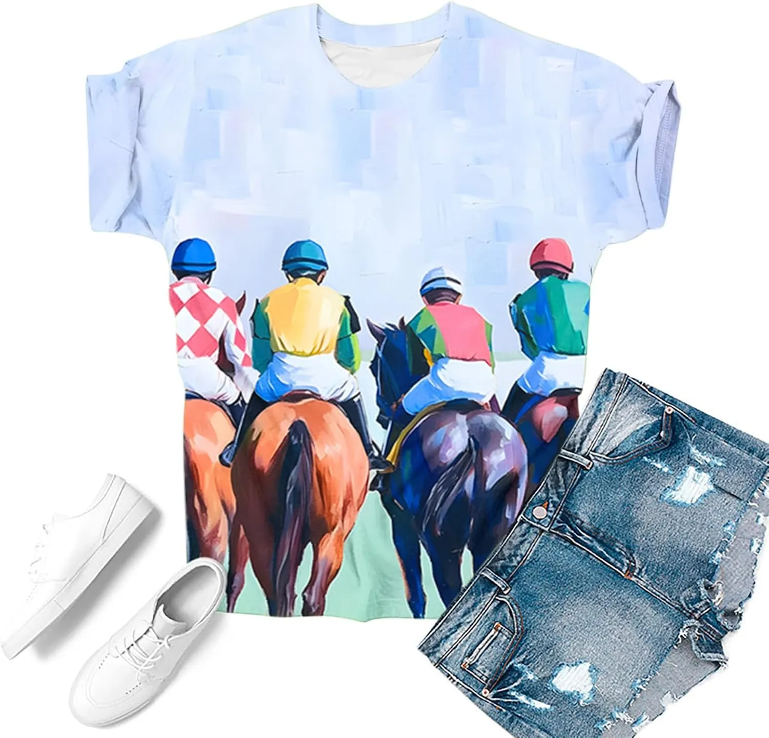 Horse Racing Shirts for Women Summer Casual Short Sleeve Tops Funny Graphic Tees Crewneck Loose Fit Tunic Blouses