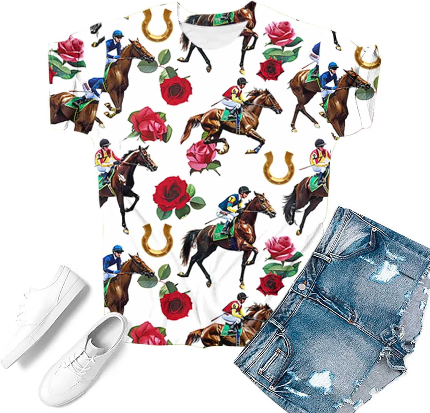Horse Racing Shirts for Women Summer Casual Short Sleeve Tops Funny Graphic Tees Crewneck Loose Fit Tunic Blouses