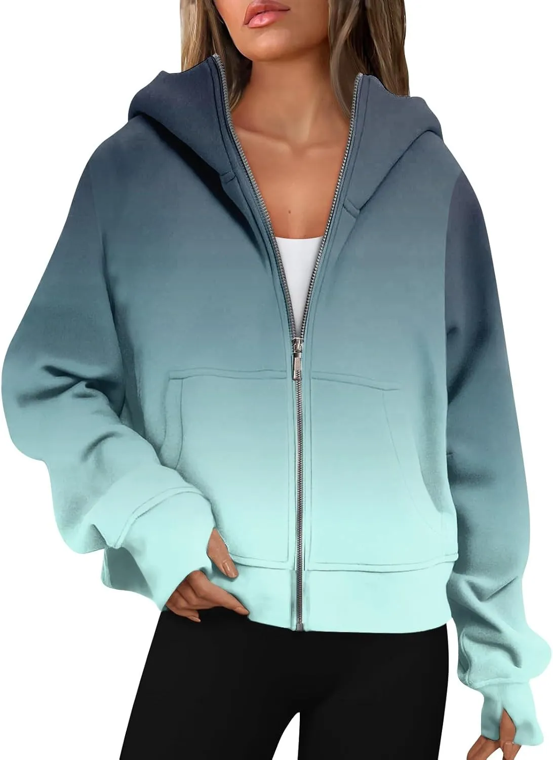 Jackets for Women Long Sleeve Casual Full Zipper Sweatshirts Thumb Hole Sweatshirts Coat Jackets with Pockets