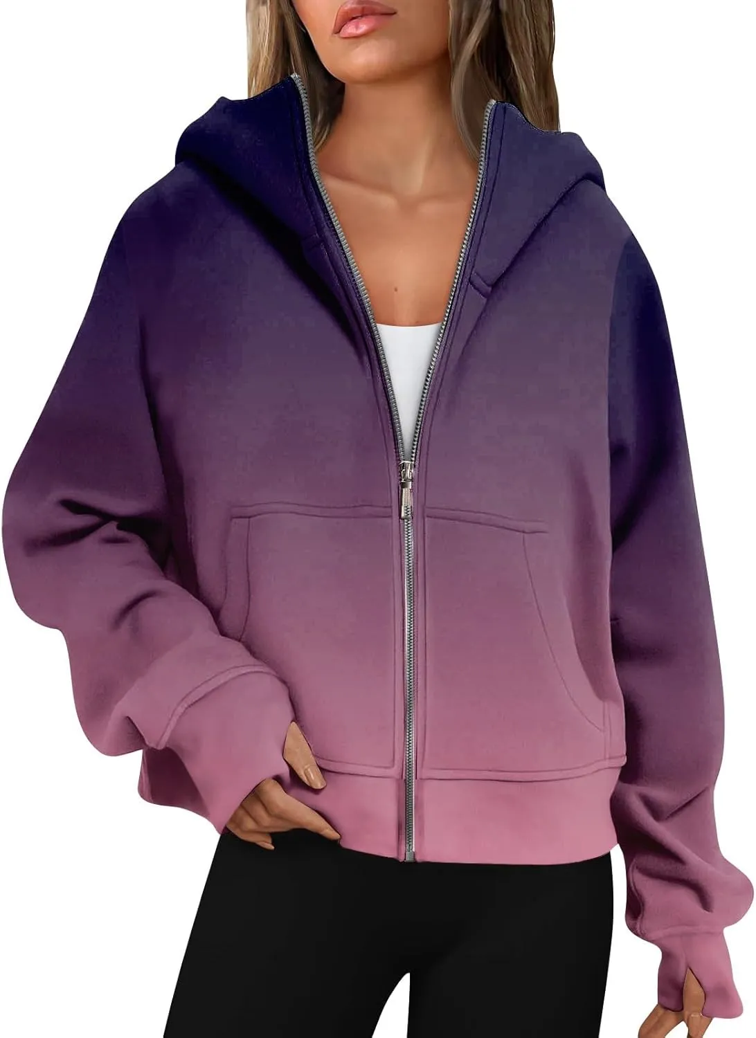 Jackets for Women Long Sleeve Casual Full Zipper Sweatshirts Thumb Hole Sweatshirts Coat Jackets with Pockets